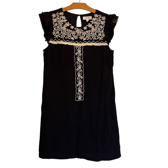 THML Embroidered Flutter Sleeve Mini Shift Dress Black Cream Boho Lace Trim S - Picture 1 of 10